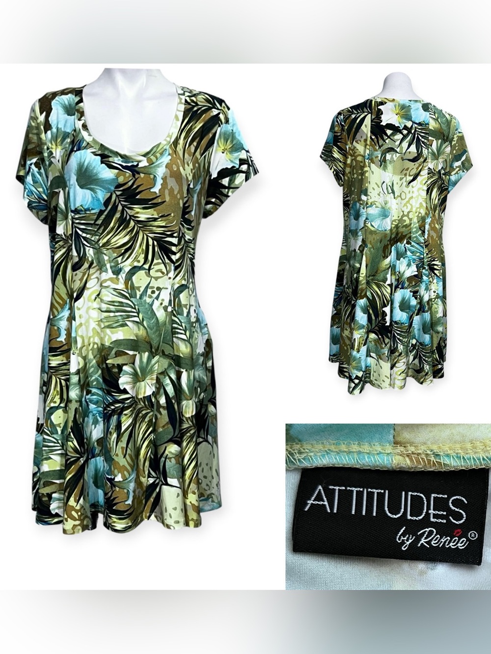 Attitudes by Renee tunic dress 1XP green multicolor floral short sleeve tropical